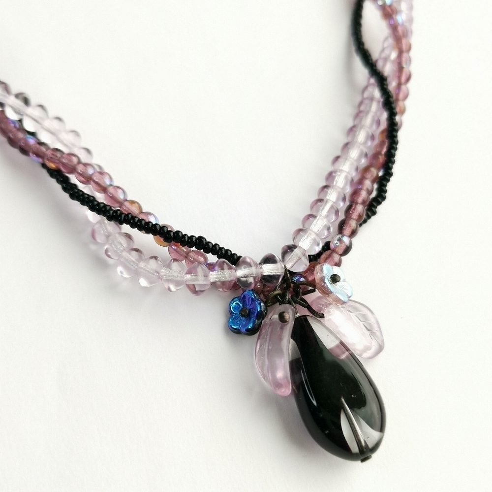 Vintage Czech Glass Bead Necklace lavender purple black